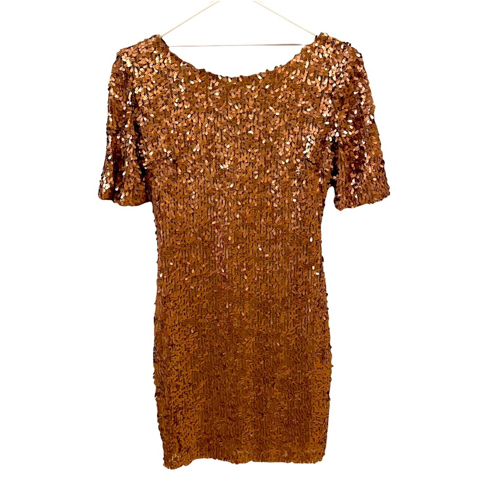 Bronze Beaded Sequin Bodycon Cocktail Party Dress Metallic Medium Clubwear